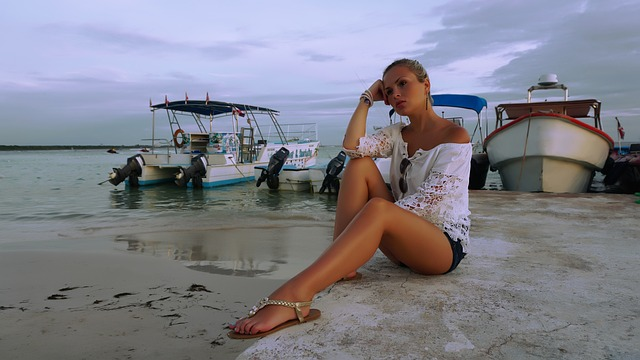dominican republic, sunset on the sea, blonde on the sea